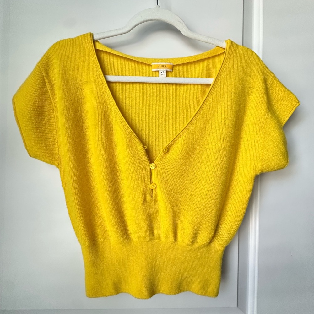 J.Crew 100% Cashmere Sweater Top XS Yellow Short Sleeve V Neck Knit Pullover